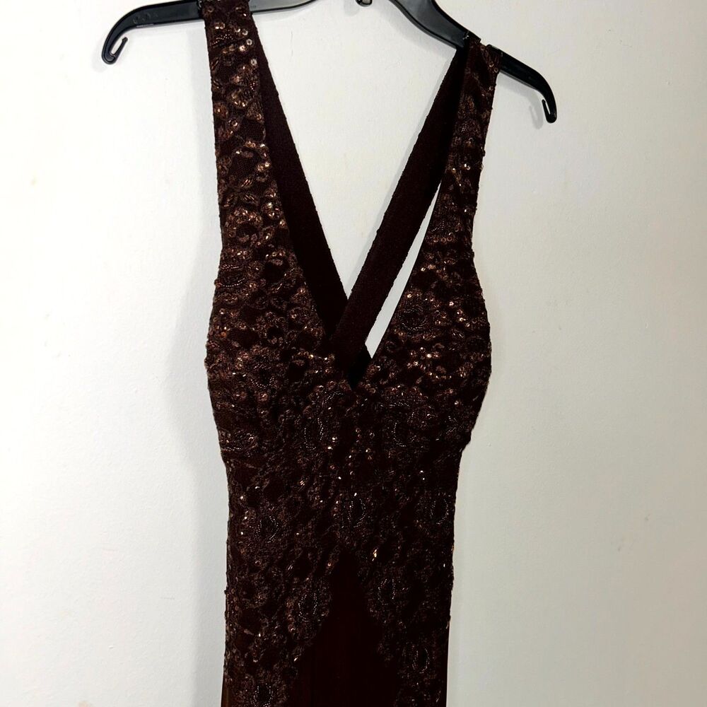 Xscape Maxi Dress Womens 10 Maroon Embellished Ruched Back Deep V-Neck Cocktail - Picture 7 of 11